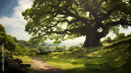 A majestic old oak tree standing tall amidst a sea of lush greenery, its branches reaching towards the sky.
