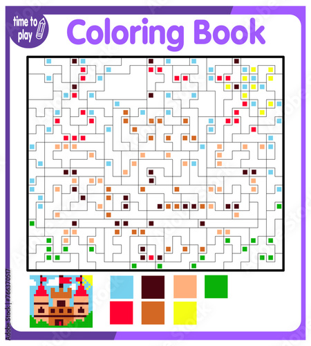 Coloring by numbers, educational game for children. Coloring book with numbered squares. princess castle