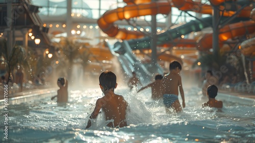Children enjoying a fun day at an indoor water park. Happiness and excitement in a recreational setting. Ideal for family and travel themes. AI photo