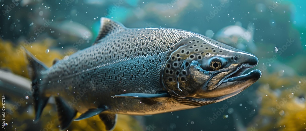 A sharp focus of a fish submerged in water teeming with algae beneath it A sharp focus of a fish submerged in water teeming with algae beneath it