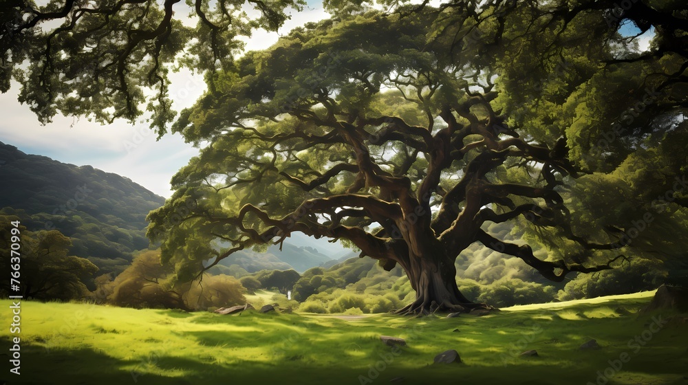 A majestic old oak tree standing tall amidst a sea of lush greenery, its branches reaching towards the sky. A majestic old oak tree standing tall amidst a sea of lush greenery, its branches reaching towards the sky.