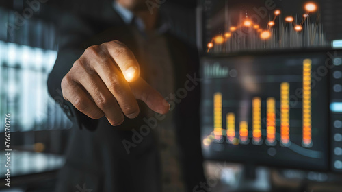 Business and investment decisions, planning and determining business strategies, businessman behind and pointing with blue light