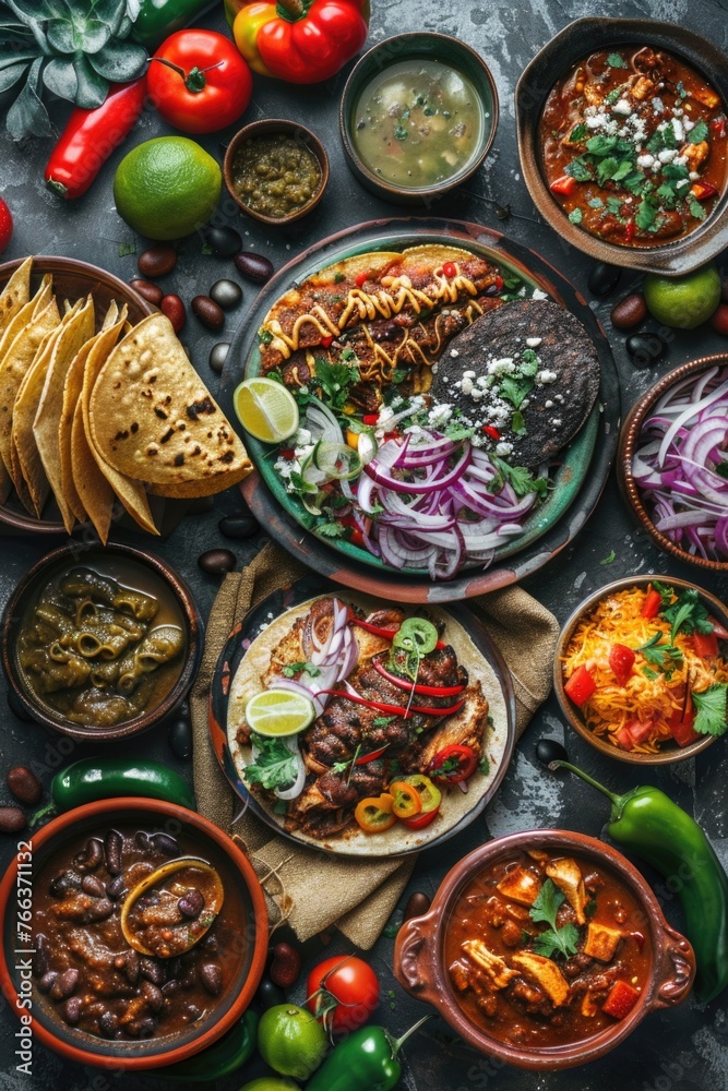 A table full of Mexican food including beans, rice, and tortillas. The table is covered with bowls and plates of food