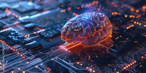 A brain is shown on a computer chip. The brain is surrounded by a network of wires and circuits. Concept of technology and artificial intelligence