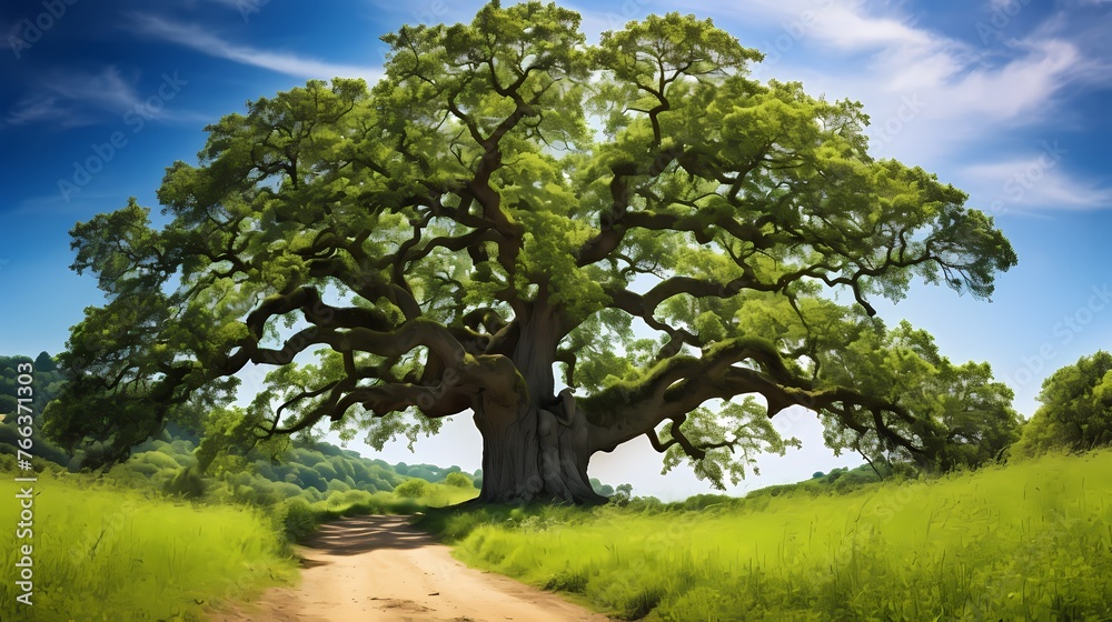 A majestic old oak tree standing tall amidst a sea of lush greenery, its branches reaching towards the sky.