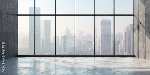 A large window in a building with a city view. The window is clean and clear  allowing for a clear view of the city. The cityscape is filled with tall buildings  creating a sense of grandeur and awe