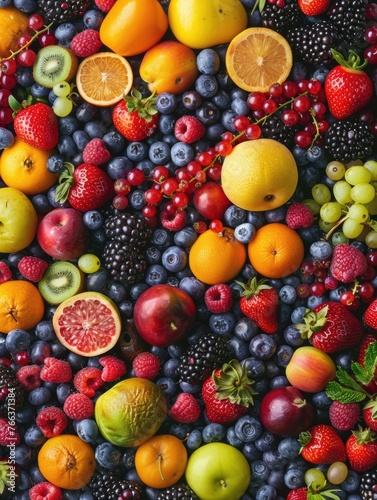 A colorful fruit display with a variety of fruits including apples, oranges, grapes, and strawberries. Concept of abundance and freshness, inviting viewers to enjoy the natural sweetness © vefimov