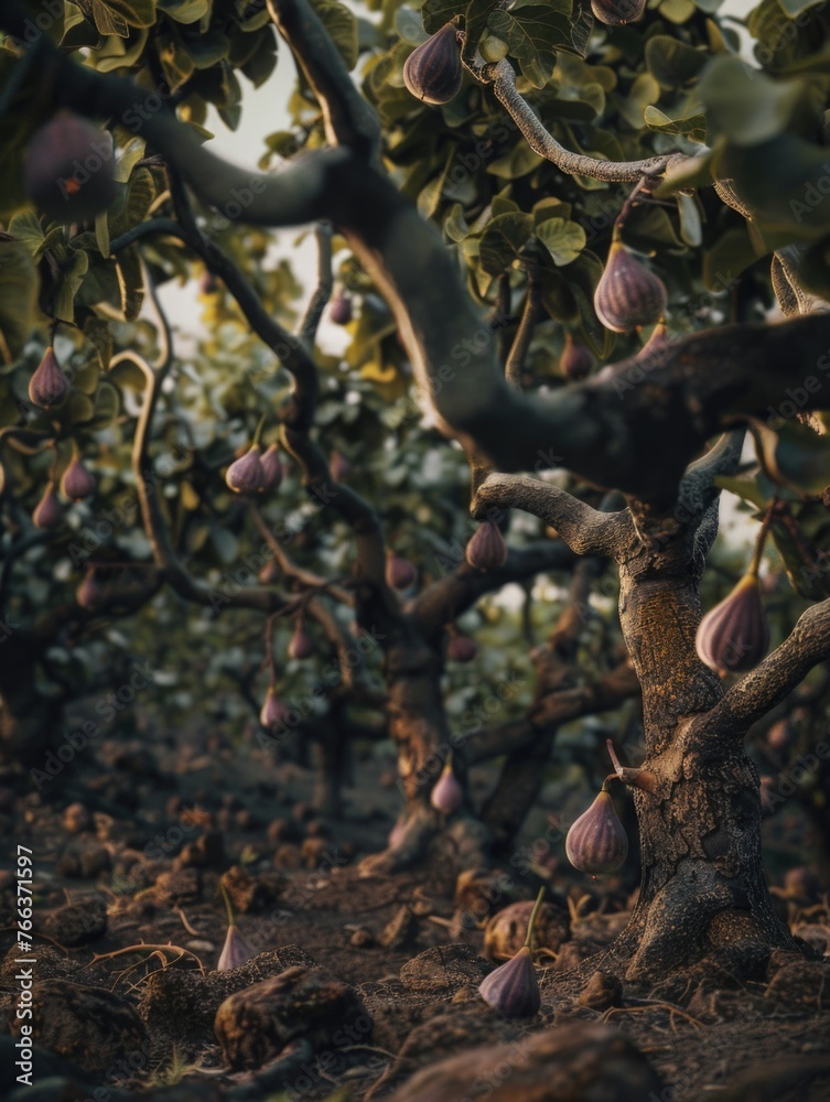 A tree with many purple fruits hanging from it. The tree is surrounded by dirt and rocks A tree with many purple fruits hanging from it. The tree is surrounded by dirt and rocks
