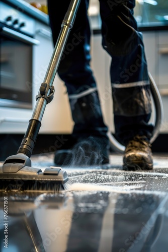 A person is cleaning a kitchen floor with a vacuum. The floor is covered in a lot of dust and dirt