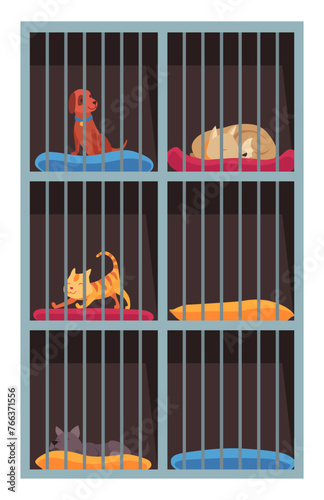 Animal shelter homeless pets, adoption banner layout. Finding new house for pet and homeless domestic animals care. Colorful vector illustration in flat cartoon style