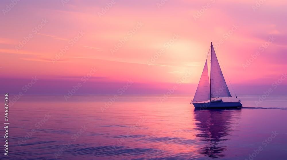 A lone sailboat on a vast and tranquil ocean, with the sky painted in hues of pink and purple during a serene sunset.