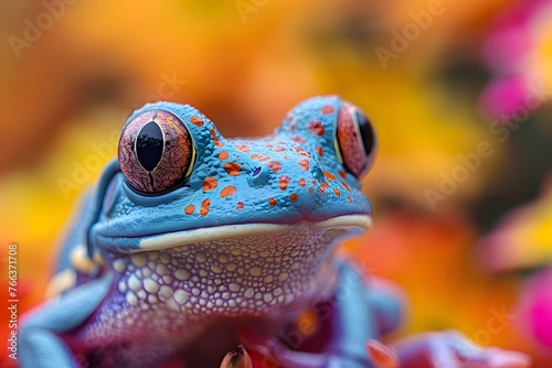 a close up of a blue and pink frog with a big eyeball on it s face  with a blurry background of yellow and pink and orange flowers.