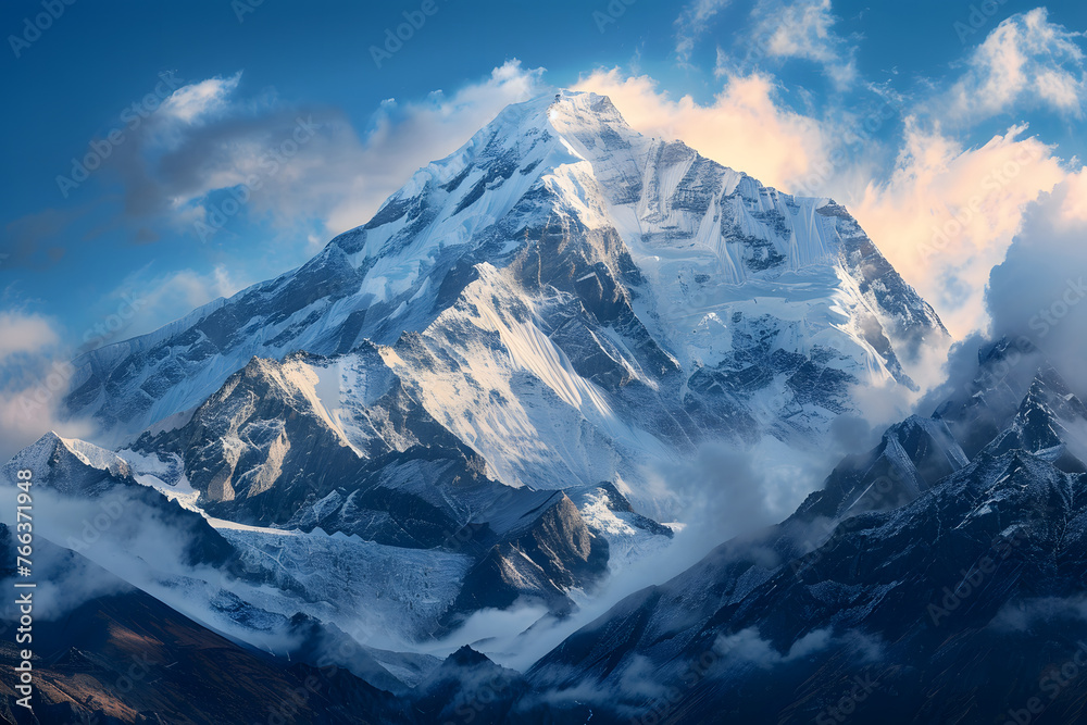 Obraz premium Spectacular scene of a snow mountain, a beautiful mount top inspiring mountains landscape background for a tourist travel poster ai generated illustration