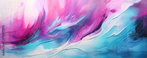 Splashes of bright paint on the canvas. magenta, teal and white colors. Interior painting © Celina