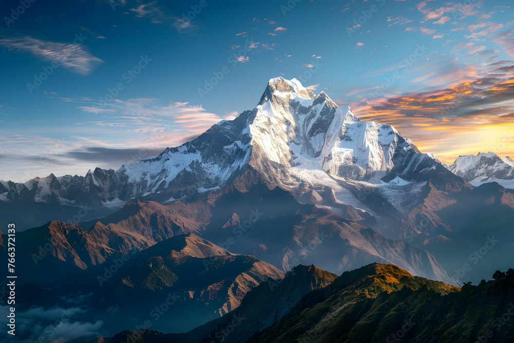 Majestic snow mountains peak, beautiful mount top inspiring landscape background ai generated