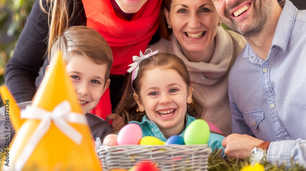 Family having fun together for Easter. Family, parents and children unity concept