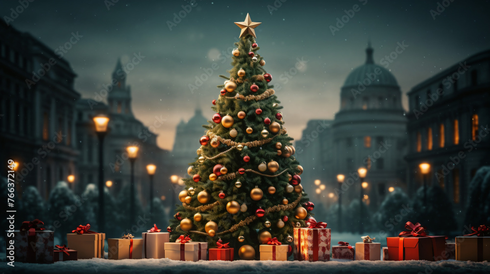huge Christmas tree with bright lights and presents