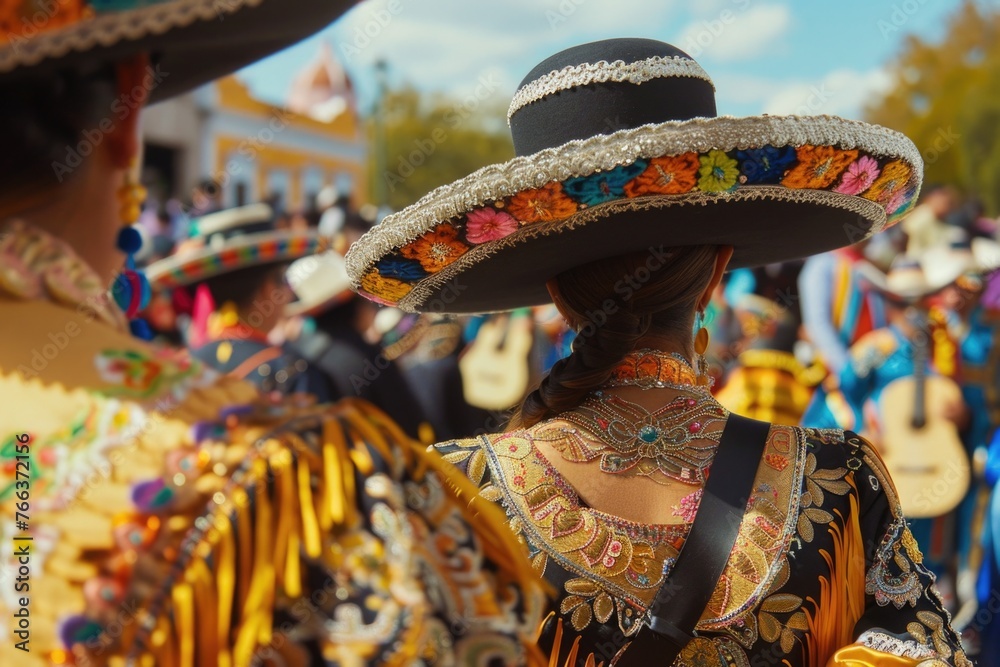 A woman wearing a sombrero and a colorful dress is standing in a crowd. The scene is lively and festive, with people dressed in traditional Mexican clothing