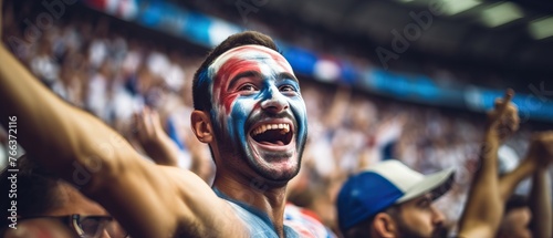 Excited french fan with face paint cheering at stadium, copy space