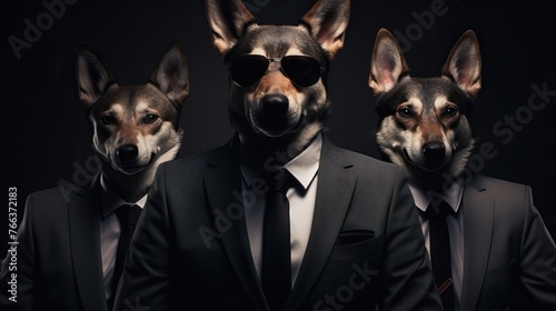 Businessman with dog head in three-piece suit against dark background