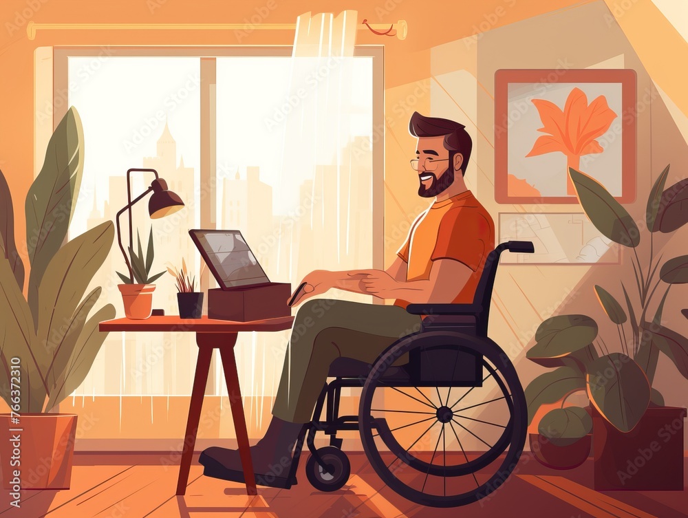 Middle-aged man in wheelchair working in home office with focus on accessibility and inclusivity Middle-aged man in wheelchair working in home office with focus on accessibility and inclusivity