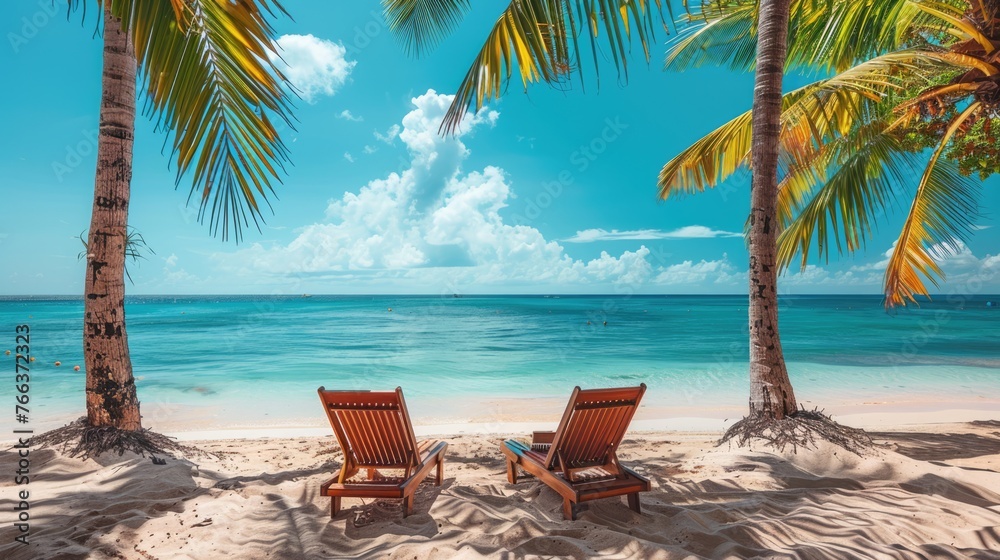 Relaxing in Paradise: Tropical Beach Chairs and Palm Trees on Coral Sand with Blue Ocean - Perfect for Summer Vacation!