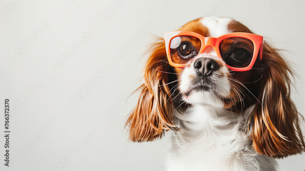 Adorable Cavalier King Charles Spaniel wearing oversized orange sunglasses against a clean, white background, perfect for pet fashion and summer concepts