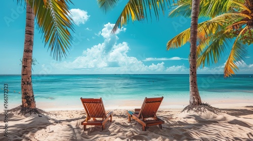 Relaxing in Paradise  Tropical Beach Chairs and Palm Trees on Coral Sand with Blue Ocean - Perfect for Summer Vacation 
