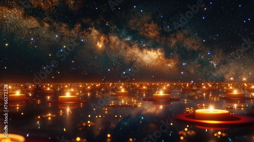 Enchanting Lakeside City Skyline Reflecting Twinkling Stars and Serene Illumination