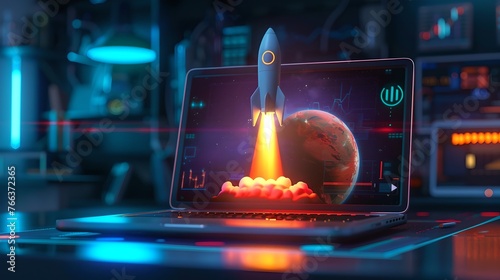 Futuristic Rocket Launch Display on a Tablet Set in a High-Tech Control Room. A Vivid Sci-Fi Concept. Digital Artwork for Technology Enthusiasts. AI