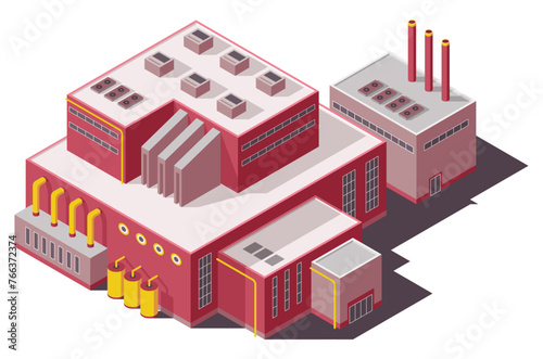 Factory isometric. Industrial bulding. Concept of industrial plant with chimney tower or pipes. 3d isolated icon. Architecture of manufacture house. Vector cartoon illustration
