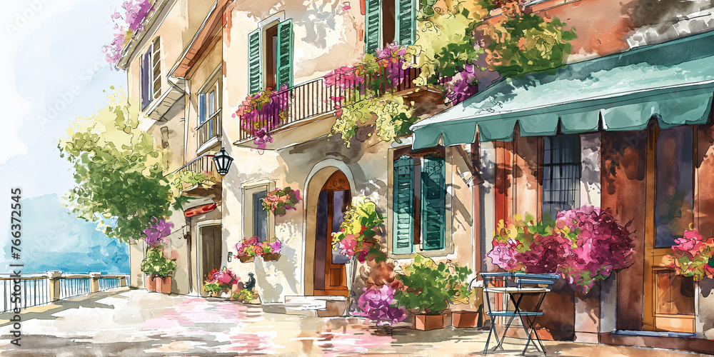 Old Italian village street with traditional stone houses, flower-filled windows, and ancient doorways	
