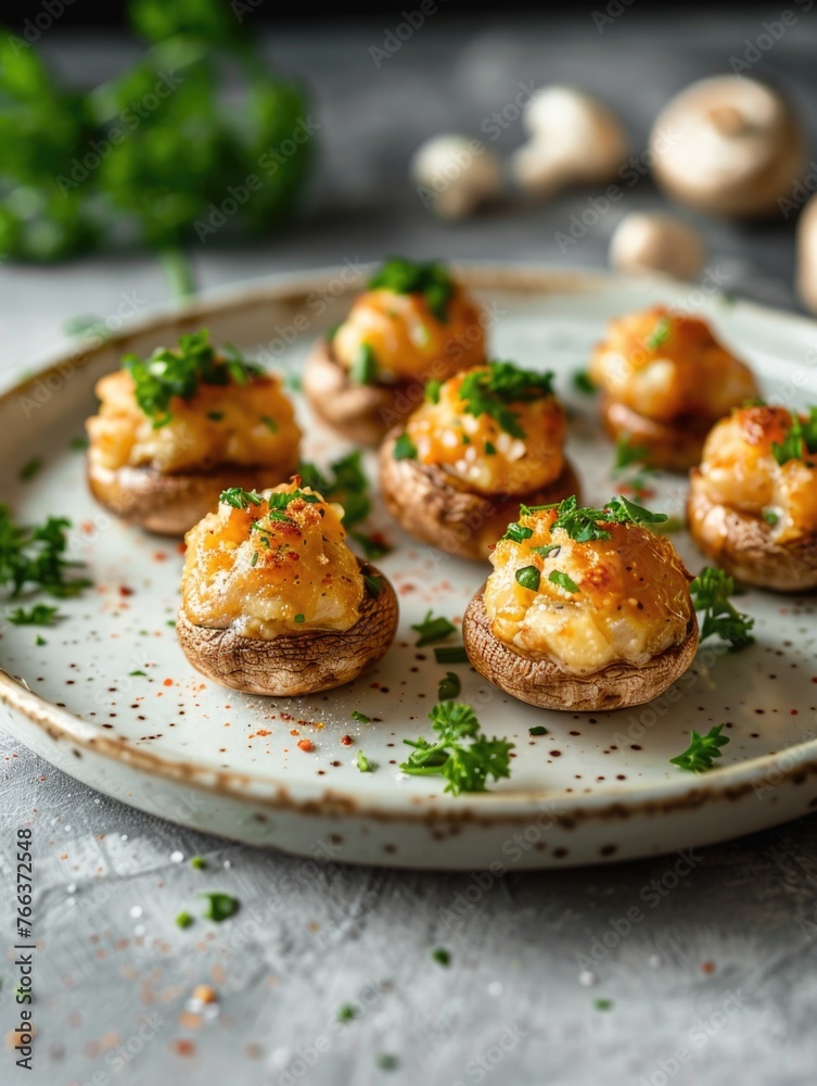 A plate of mushroom appetizers with parsley on top. The mushrooms are small and are arranged in a neat row A plate of mushroom appetizers with parsley on top. The mushrooms are small and are arranged in a neat row