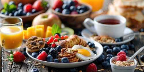 A breakfast table with a plate of food and a glass of orange juice. The plate has a variety of fruits, including strawberries, blueberries, and bananas, as well as a baked good and an egg