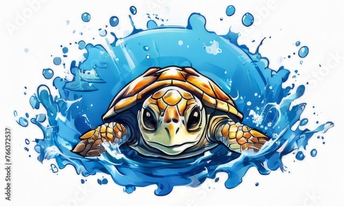 Majestic turtle glides effortlessly through clear blue waters, its shell glistening in sunlight. For educational materials for kids, game design, animated movies, tourism, stationery, Tshirt design.