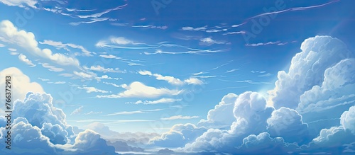 The azure sky is adorned with fluffy white cumulus clouds, creating a picturesque natural landscape. The horizon is lined with an electric blue atmosphere, as the wind gently dances across the sky photo