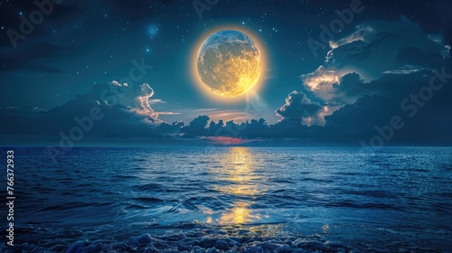 Super Moon Illuminating Clouds Over the Night Sea