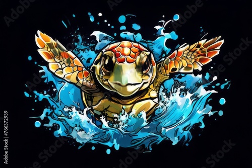 Exquisite image showcasing serene turtle gliding through crystal-clear blue waters of ocean. For fashion, clothing design, animal themed clothing advertising, Tshirt design. photo