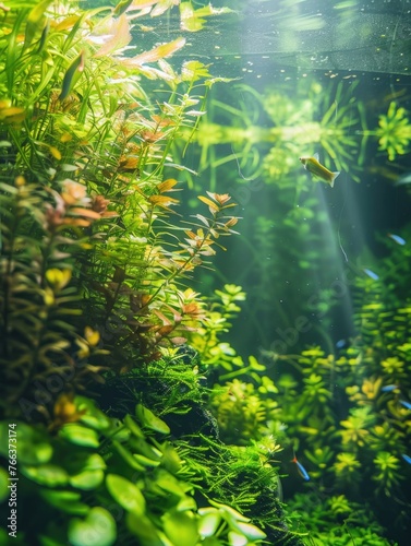 A lush green plant with a fish swimming in the middle. The fish is surrounded by plants and the water is clear