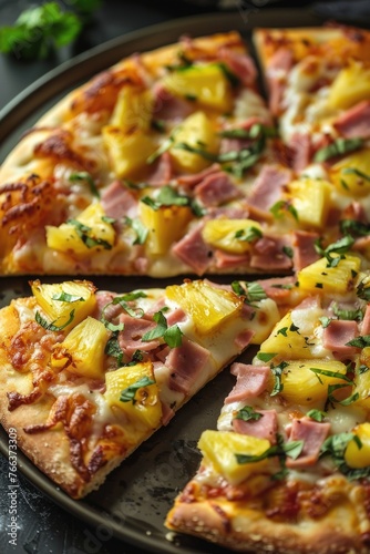 Wallpaper Mural A slice of pizza with pineapple and ham toppings. The pizza is cut into four pieces Torontodigital.ca