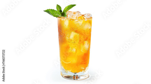 A glass of iced tea with a sprig of mint on top. The drink is cold and refreshing, perfect for a hot day