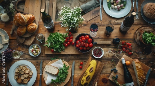 Rustic Mediterranean Culinary Ingredients Arranged on a Wooden Table for Delicious Homemade Meal