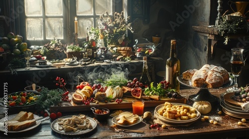 Lavish Autumnal Feast Showcasing Bountiful Culinary Delights on a Rustic Table Setting © Sittichok