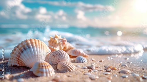 Seashells on Seashore: A Serene Beach Holiday Background © hisilly