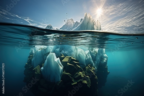 Split View of Iceberg Above and Below Water. 