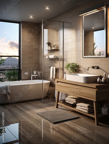 Stylish bathroom interior with modern tub and beautiful houseplants. Cozy posh luxurious interior design of bathroom with white bathtub, wooden classic parquet floor. Home design. Generative AI.