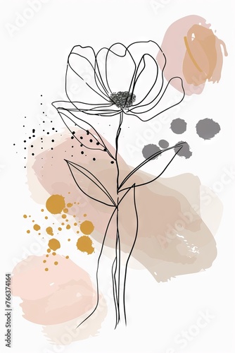 Abstract minimalistic scandinavian botanical art with warm color tones. A delicate composition of floral and foliage elements intertwined with abstract warm colored shapes and subtle brushstrokes
