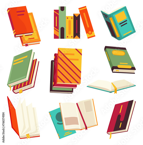 Collecction of various books, stack of books, notebooks. Reading, learn and receive education through books. Read more books. Hand drawn educational vector illustration. Flat design style