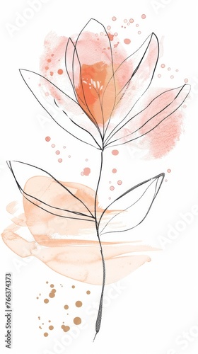 Abstract minimalistic scandinavian botanical art with warm color tones. A delicate composition of floral and foliage elements intertwined with abstract warm colored shapes and subtle brushstrokes