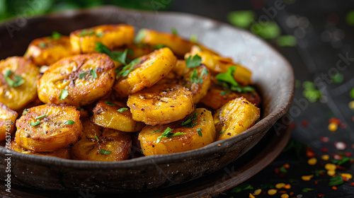 Close-up of seasoned roasted potatoes garnished with fresh herbs in a rustic bowl on a dark background, perfect for culinary themes and recipe concepts